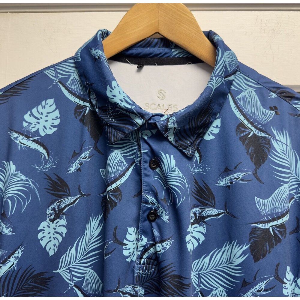 Scales Men's Sz Large Golf Polo Blue S/S Shirt Marbled Tropical Fish Stretch euc